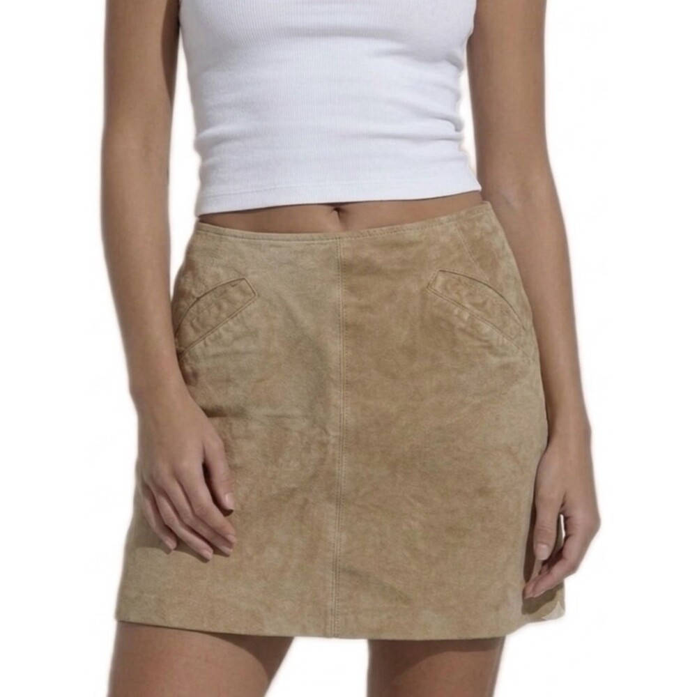 Vintage Jacqueline Ferrar Genuine Leather Suede Mini Skirt Size 8 Camel A-Line